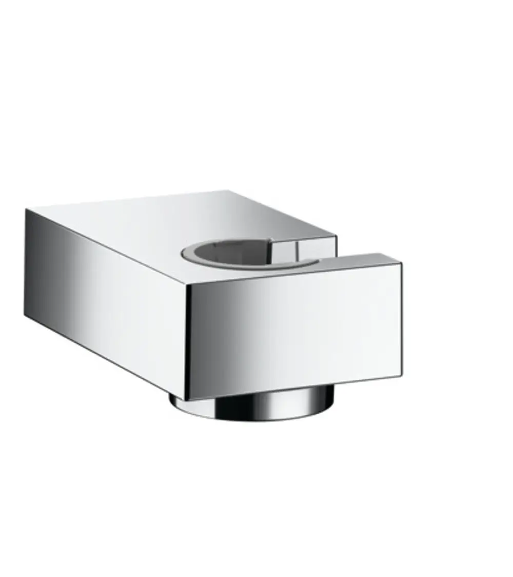 Hochglänzender chromfarbener Halter von Hansgrohe für Duschpaneele. Rechteckige Form mit Aussparung für die Halterung.